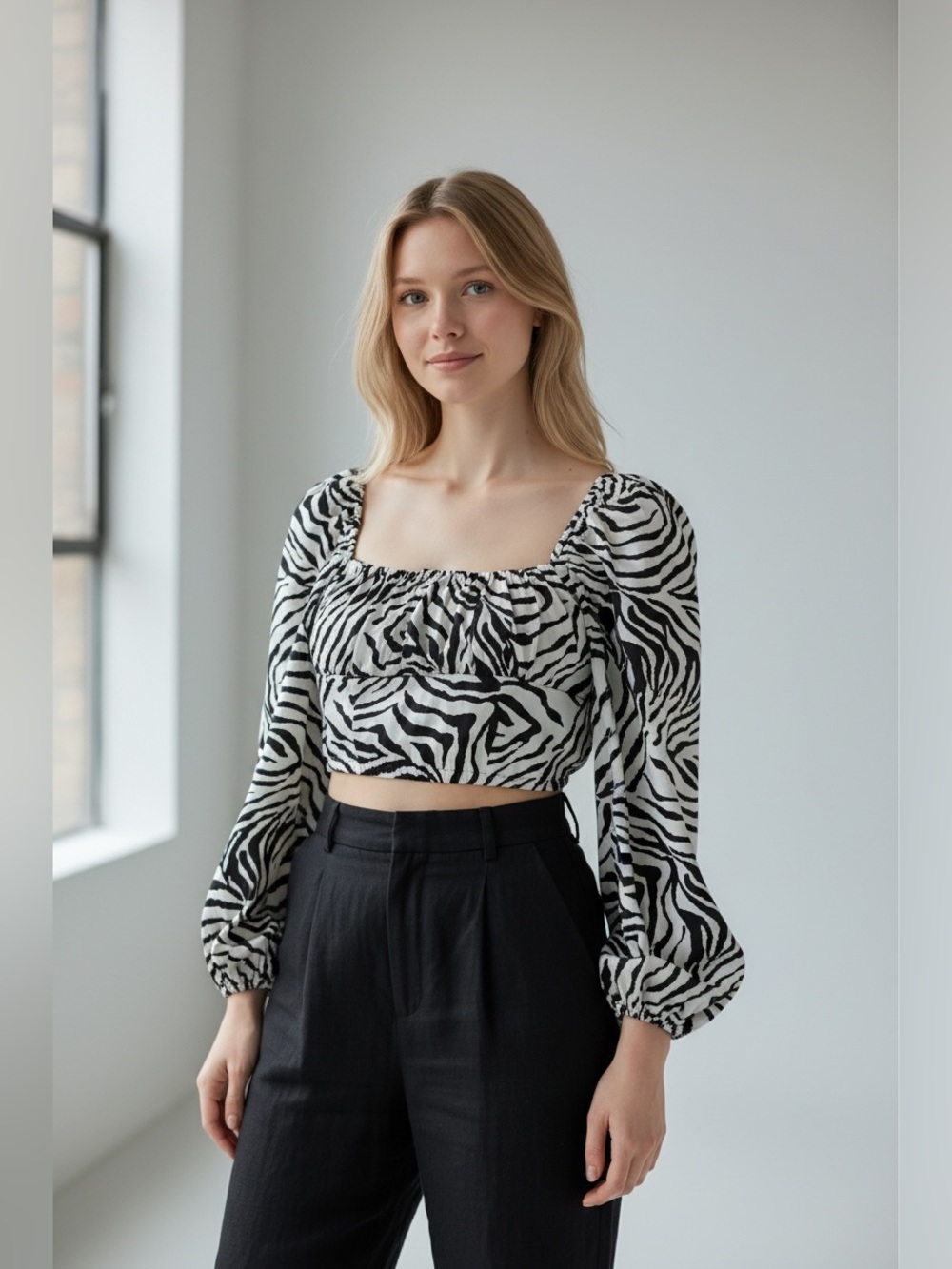 PRINCESS POLLY Ariah Black/White Zebra Long Sleeve Crop Top Sz 8 Med Party